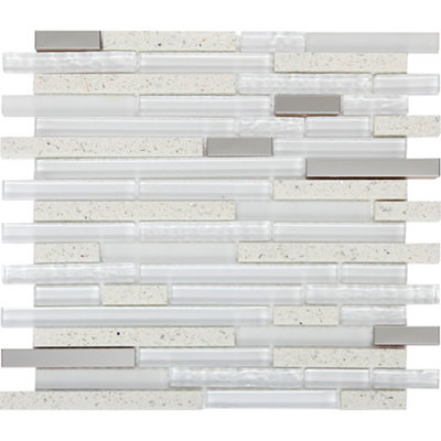 Goodhome Alessano White Glass Effect Glass, Stainless Steel & Stone Mosaic Tile Sheet, (L)304Mm (W)300Mm