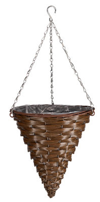 Smart Garden Faux Rattan Brown Cone Plastic Hanging Basket, 34Cm