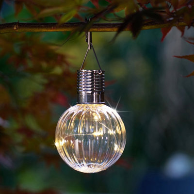 Smart Solar White Fluted Orb Solar-Powered Integrated Led Outdoor Hanging Lantern