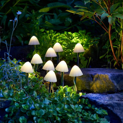 Smart Solar White Mushroom Solar-Powered 1Lm Integrated Led Outdoor Stake Light, Pack Of 10