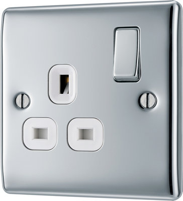 Bg Chrome Single 13A Switched Socket & White Inserts