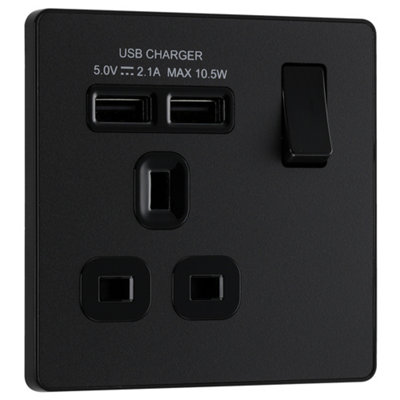 Bg Matt Black Single 13A 10W Raised Slim Switched Screwless Socket With Usb, X2 & Black Inserts