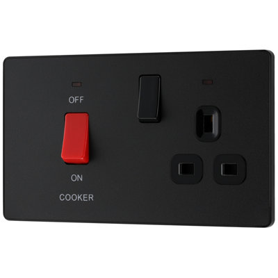 British General Screwless Matt Black Cooker Switch & Socket With Neon & Black Inserts