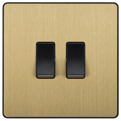 British General 20A 2 Way 2 Gang Double Light Screwless Switch Satin Brass Effect