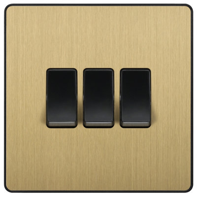 British General 20A 2 Way 3 Gang Triple Light Screwless Switch Satin Brass Effect