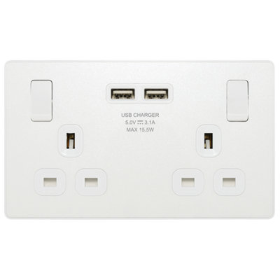 British General Double 13A 15.5W Raised Slim Switched Screwless Socket With Usb, X2 & White Inserts