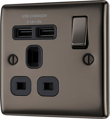 Bg Black Nickel Single 13A Raised Slim Switched Screwed Socket With Usb, X2 & Black Inserts