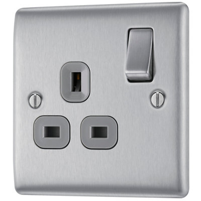 Bg Brushed Steel Single 13A Switched Socket & Grey Inserts