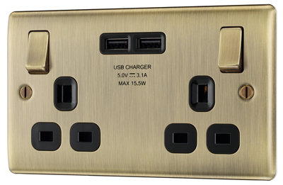Bg Antique Brass Double 13A Switched Socket With Usb X2 3.1A & Black Inserts