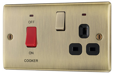 Bg Antique Brass Cooker Switch & Socket With Neon & Black Inserts