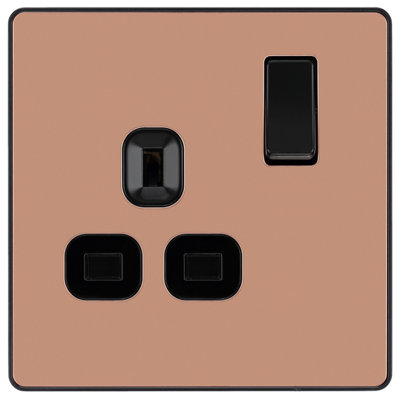 British General Single 13A Gloss Copper Switched Socket & Black Inserts