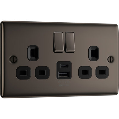Bg Black Nickel Double 13A 12W Raised Slim Switched Screwed Socket With Usb, X2 & Black Inserts