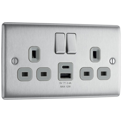 Bg Brushed Steel Double 13A 12W Raised Slim Switched Screwed Socket With Usb, X2 & Grey Inserts