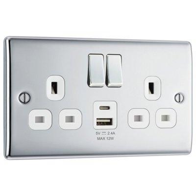 Bg Polished Chrome Double 13A 12W Raised Slim Switched Screwed Socket With Usb, X2 & White Inserts