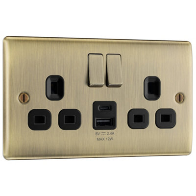 Bg Antique Brass Double 13A 12W Raised Slim Switched Screwed Socket With Usb, X2 & Black Inserts