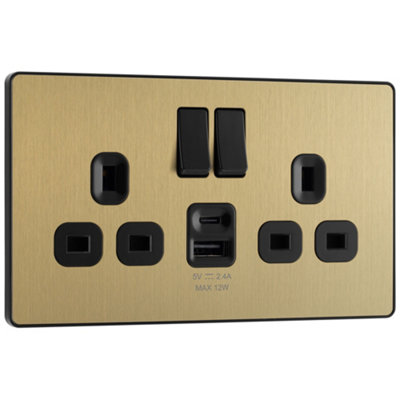 Bg Satin Brass Double 13A 12W Raised Slim Switched Screwless Socket With Usb, X2 & Black Inserts