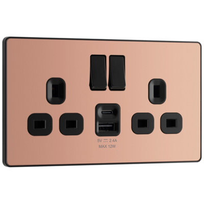 Bg Polished Copper Double 13A 12W Raised Slim Switched Screwless Socket With Usb, X2 & Black Inserts