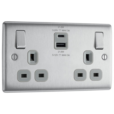 Bg Brushed Steel Double 13A 22W Raised Slim Switched Screwed Socket With Usb, X2 & Grey Inserts