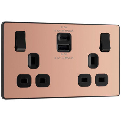 Bg Polished Copper Double 13A 22W Raised Slim Switched Screwless Socket With Usb, X2 & Black Inserts