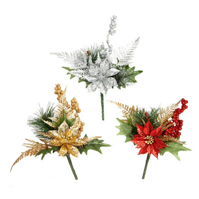 B&Q Christmas Poinsettia Multicolour Glitter Effect Christmas Pick Of 3