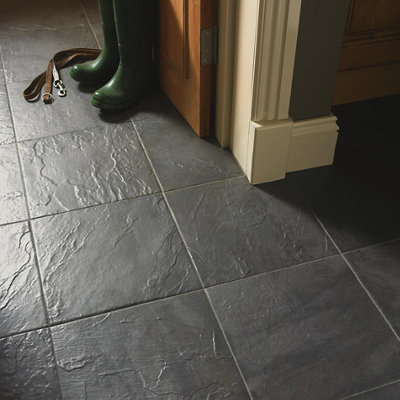 Goodhome Cirque Black Matt Stone Effect Textured Ceramic Indoor Floor Tile, Pack Of 9, (L)333Mm (W)333Mm