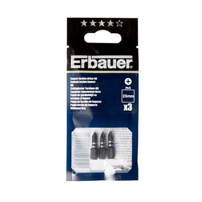Erbauer Ph1 Impact Screwdriver Bits (L)25Mm, Pack Of 3