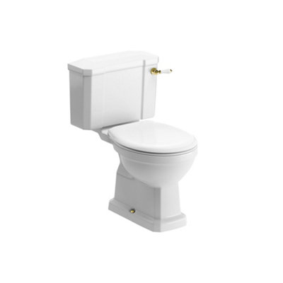 B&Q * Somerton White Boxed Rim Open Back Toilet Set With Soft Close Seat & Close Coupled Cistern - Brass Effect Lever