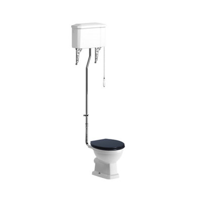 B&Q * Somerton White Boxed Rim Open Back Toilet Set With Indigo Ash Soft Close Seat & High Level Cistern