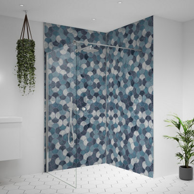 Splashwall Alloy Bathroom & Wet Room Decorative Panel (H)2440Mm (W)1220Mm - Matt Blue Scallop