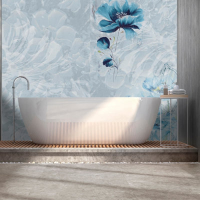Splashwall Alloy Bathroom & Wet Room Decorative Panel (H)2440Mm (W)1220Mm - Gloss Blue Botanical Flowers
