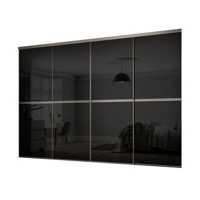 Spacepro Minimalist Mirror Panelled Non-Mirrored Matt Black 4 Door Sliding Wardrobe Door Kit (H)2220Mm (W)2400Mm