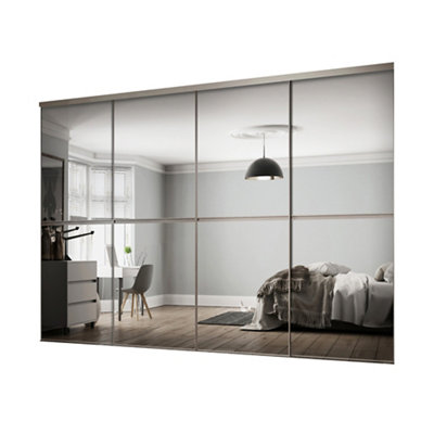 Spacepro Minimalist Mirror Panelled Mirrored Gloss 4 Door Sliding Wardrobe Door Kit (H)2220Mm (W)2400Mm