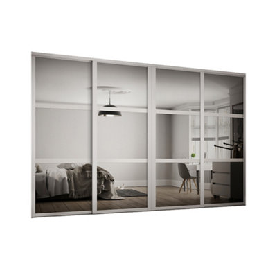 Spacepro Shaker Classic Shaker Mirrored Matt Dove Grey 4 Door Sliding Wardrobe Door Kit (H)2220Mm (W)2898Mm