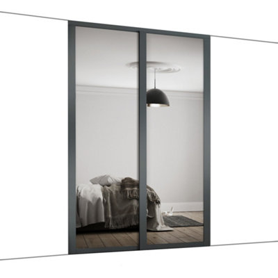 Spacepro Shaker Classic Shaker Mirrored Gloss Graphite 2 Door Sliding Wardrobe Door Kit (H)2220Mm (W)1145Mm