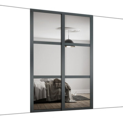 Spacepro Shaker Classic Panel Shaker Mirrored Gloss Graphite 2 Door Sliding Wardrobe Door Kit (H)2220Mm (W)1449Mm