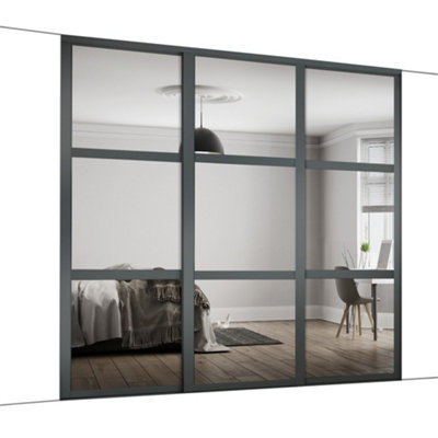 Spacepro Shaker Classic Panel Shaker Mirrored Gloss Graphite 3 Door Sliding Wardrobe Door Kit (H)2220Mm (W)1680Mm