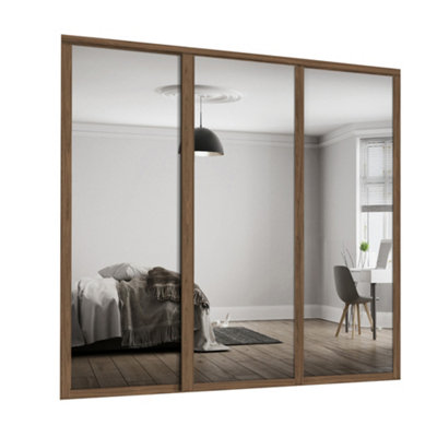 Spacepro Shaker 1 Panel Mirrored Carini Walnut Effect Framed Sliding Wardrobe Door Set Of 3 (H)2220Mm (W)1680Mm