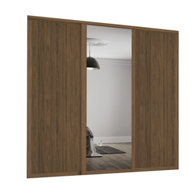 Spacepro Shaker 1 Panel Mirrored Carini Walnut Effect Framed Sliding Wardrobe Door Set Of 3 (H)2220Mm (W)1680Mm