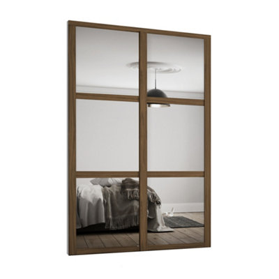 Spacepro Shaker 3 Panel Mirrored Carini Walnut Effect Framed Sliding Wardrobe Door Set Of 2 (H)2220Mm (W)1449Mm