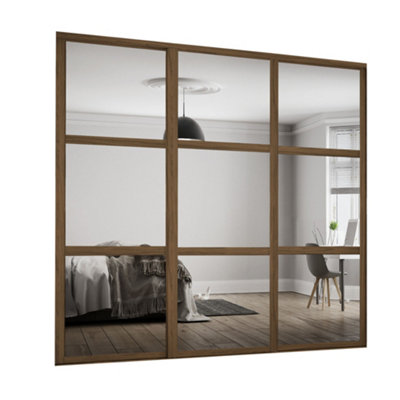 Spacepro Shaker 3 Panel Mirrored Carini Walnut Effect Framed Sliding Wardrobe Door Set Of 3 (H)2220Mm (W)1680Mm