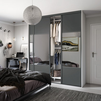 Spacepro Classic Wideline Mirrored Graphite Framed Sliding Wardrobe Door (H)2220Mm (W)610Mm