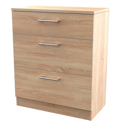 B&Q Brindisi Ready Assembled Matt Oak Effect 3 Drawer Chest (H)885Mm (W)765Mm (D)415Mm