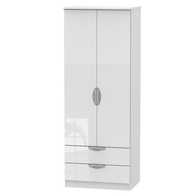 B&Q Chelsea Ready Assembled Contemporary Gloss White 2 Drawer Tall Double Wardrobe (H)1970Mm (W)740Mm (D)530Mm