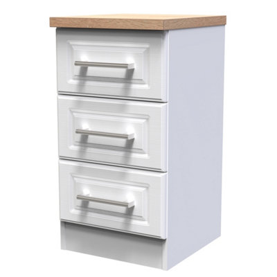 B&Q Kent Ready Assembled Matt White Light Oak Effect 3 Drawer Bedside Chest (H)695Mm (W)395Mm (D)415Mm