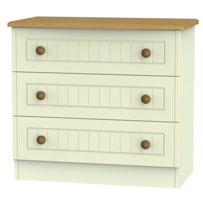 B&Q Vittoria Ready Assembled Matt Cream Oak Effect 3 Drawer Bedside Table (H)695Mm (W)765Mm (D)415Mm