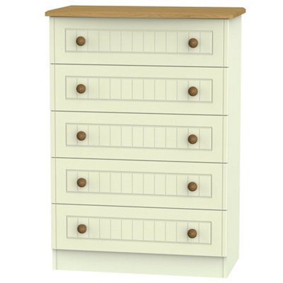 B&Q Vittoria Ready Assembled Matt Cream Oak Effect 5 Drawer Chest (H)1075Mm (W)765Mm (D)415Mm