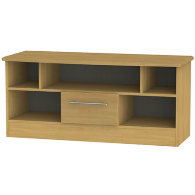 B&Q Bergamo Ready Assembled Oak Effect Tv Furniture Stand With 2 Shelves, (H)49.5Cm X (W)112Cm X (D)40Cm