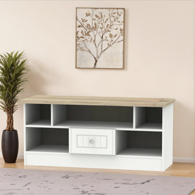 B&Q Ready Assembled White Oak Effect Media Unit With 2 Shelves, (H)49.5Cm X (W)112Cm X (D)40Cm