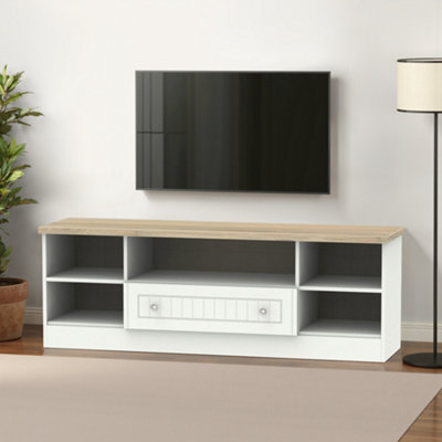 B&Q Ready Assembled White Oak Effect Tv Furniture Stand With 2 Shelves, (H)49.5Cm X (W)146.5Cm X (D)40Cm