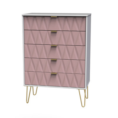 B&Q Pesaro Ready Assembled Pink & White 5 Drawer Chest (H)1075Mm (W)765Mm (D)415Mm